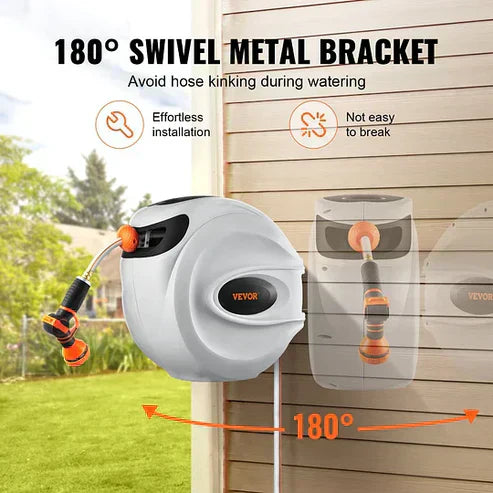 Space-Saving Auto-Rewind Hose Reel | Mounts Easily, Works Instantly